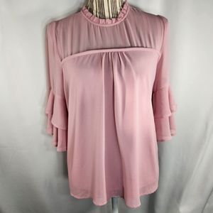 Monteau LA Pink Ruffle Neckline Double Ruffle Bell Sleeves Top Size Medium
